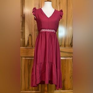 Super Cute Deep Red Ruffled Cap Sleeve/ Peekaboo Crochet Detailed Dress, EUC M